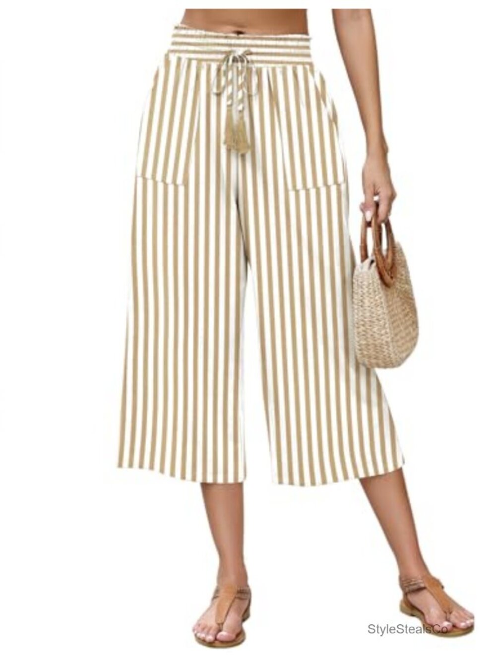 Linen Capri Wide Leg Pants Elastic High Waist Drawstring Pockets